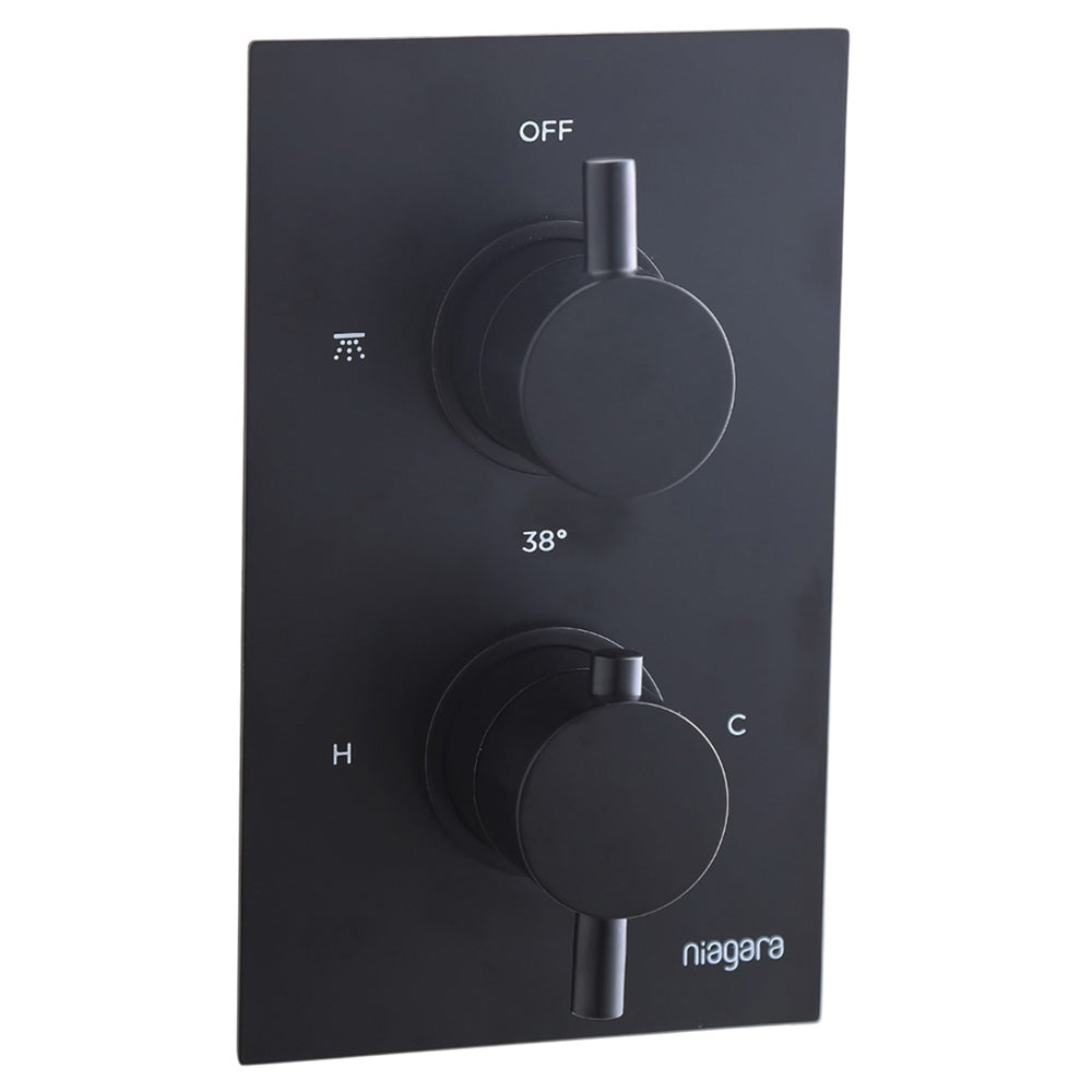 Modern Twin Square Handle Thermostatic Shower Valve – Matt Black, Single Outlet