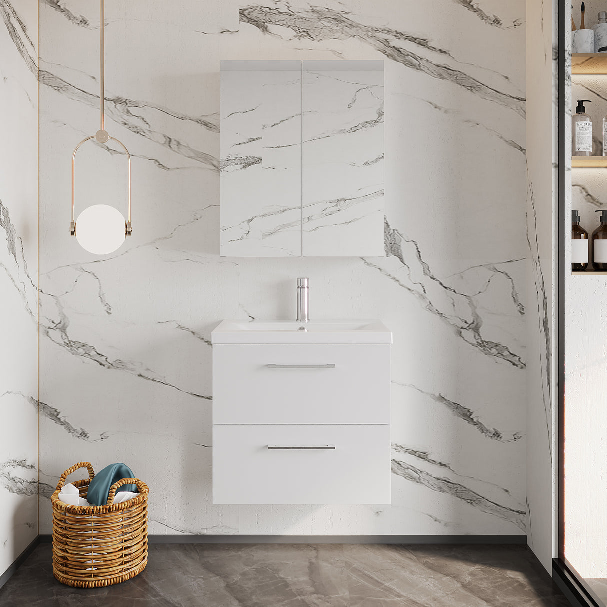 Wall Hung 2 Drawer Vanity Unit with Mid-Edge Ceramic Basin - Choice of Colour, Handle Finish and Size