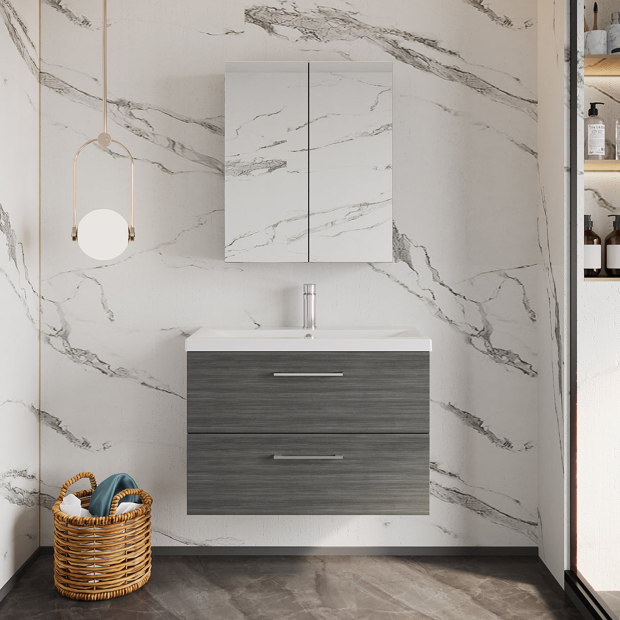 Wall Hung 2 Drawer Vanity Unit with Mid-Edge Ceramic Basin - Choice of Colour, Handle Finish and Size