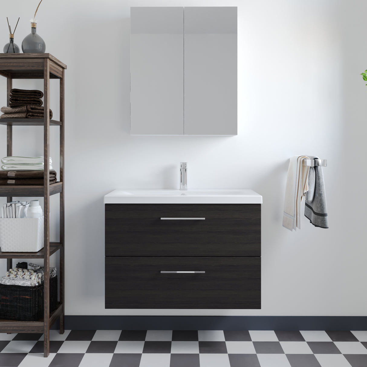 Wall Hung 2 Drawer Vanity Unit with Mid-Edge Ceramic Basin - Choice of Colour, Handle Finish and Size