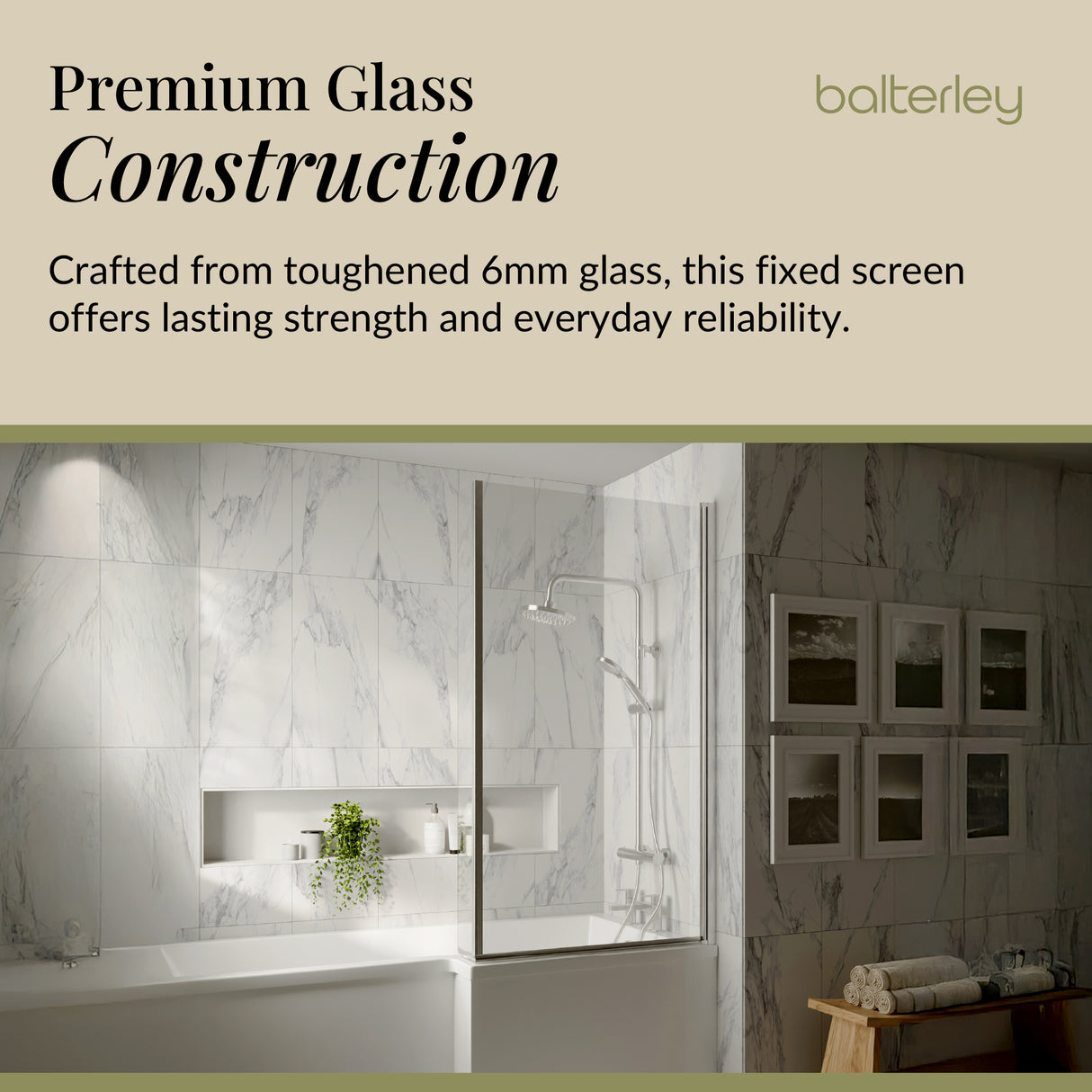 6mm Toughened Safety Glass Reversible L-Shaped Bath Screen Fixed