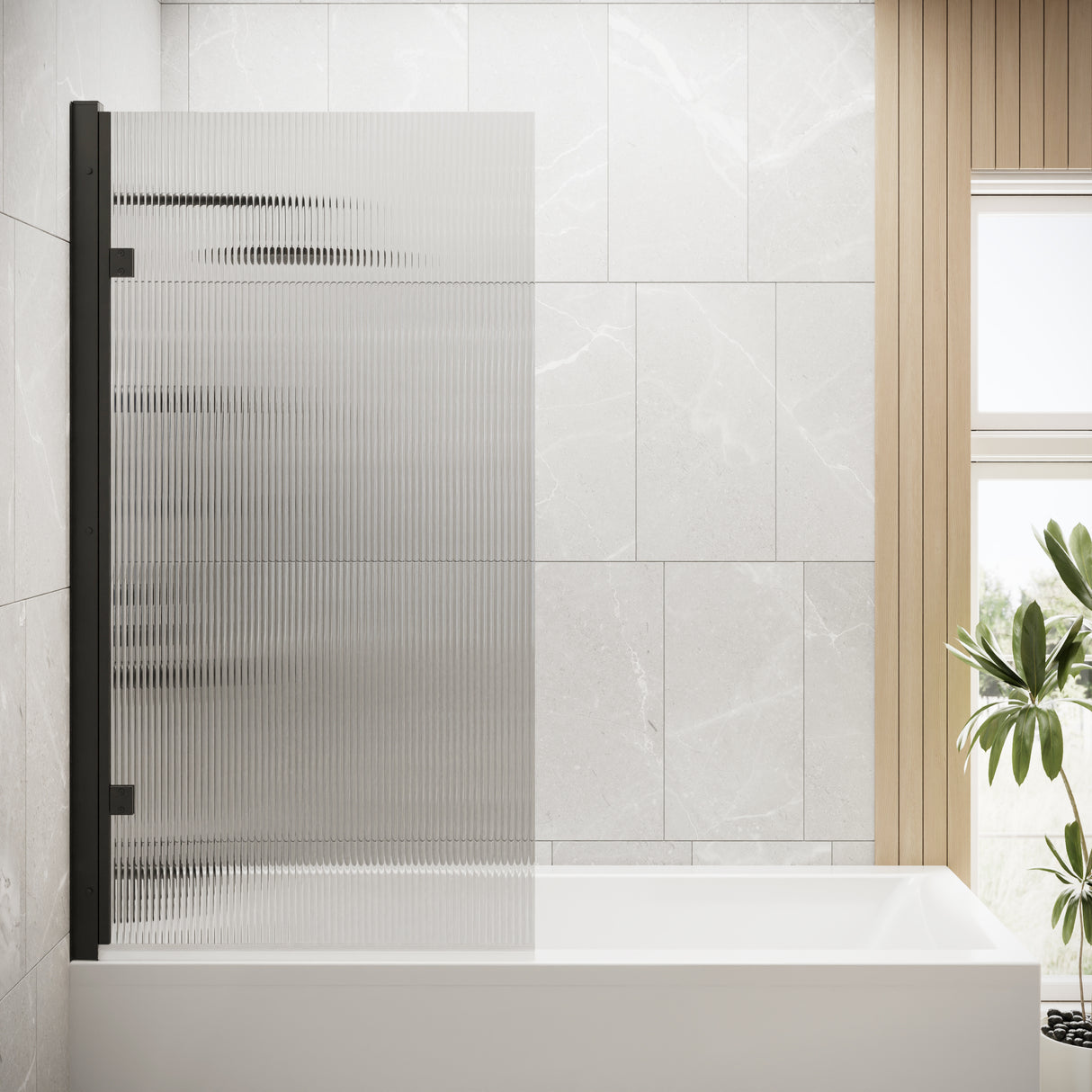 Contemporary 8mm Toughened Safety Glass Square Hinged Fluted Bath Screen - 1520 x 830 x 24mm - Choice of Colour