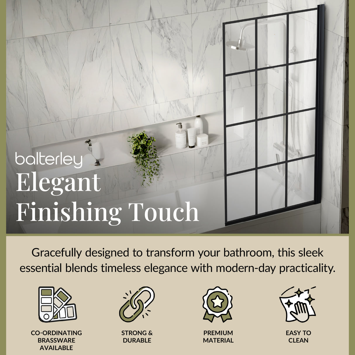 Black Framed Reversible Hinged Shower Bath Screen – 6 mm Toughened Safety Glass, H: 1430 × W: 790 × D: 38 mm