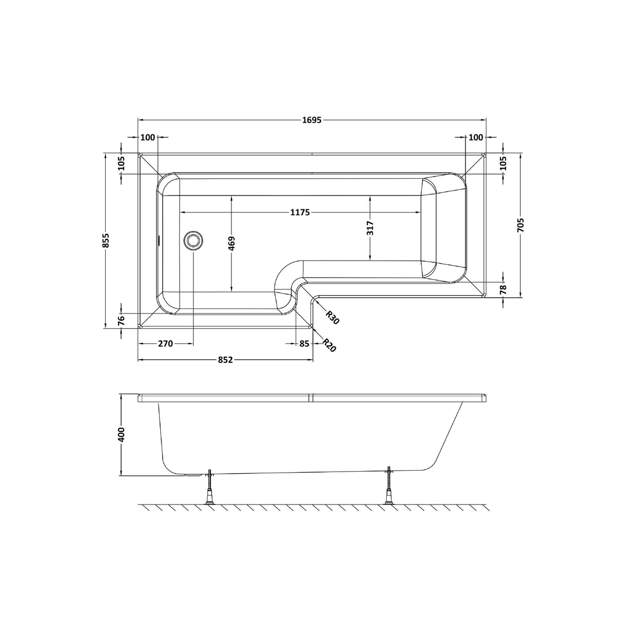 Modern Square Shower Bath - Choose Size and Left or Right Orientation