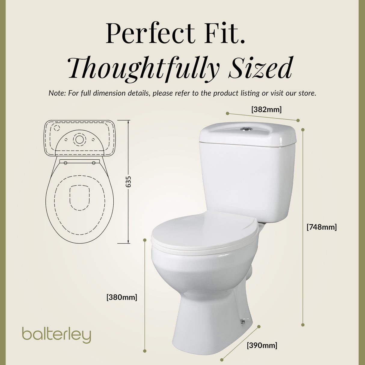 Compact Close-Coupled Toilet & Cistern with Standard Seat – White Ceramic, 748 x 382mm