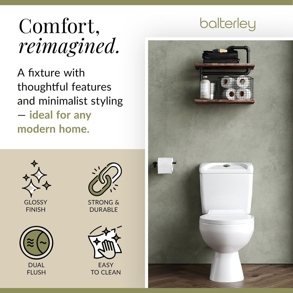 Compact Close-Coupled Toilet & Cistern with Standard Seat – White Ceramic, 748 x 382mm