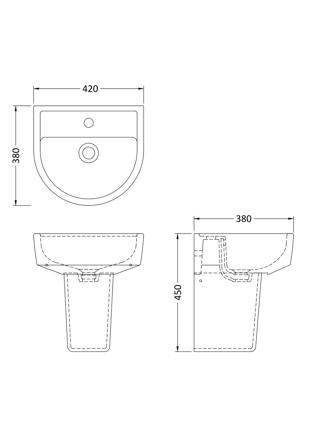 Hopwas Round D Shape Ceramic Basin and Semi Pedestal - 420 or 520mm Basin