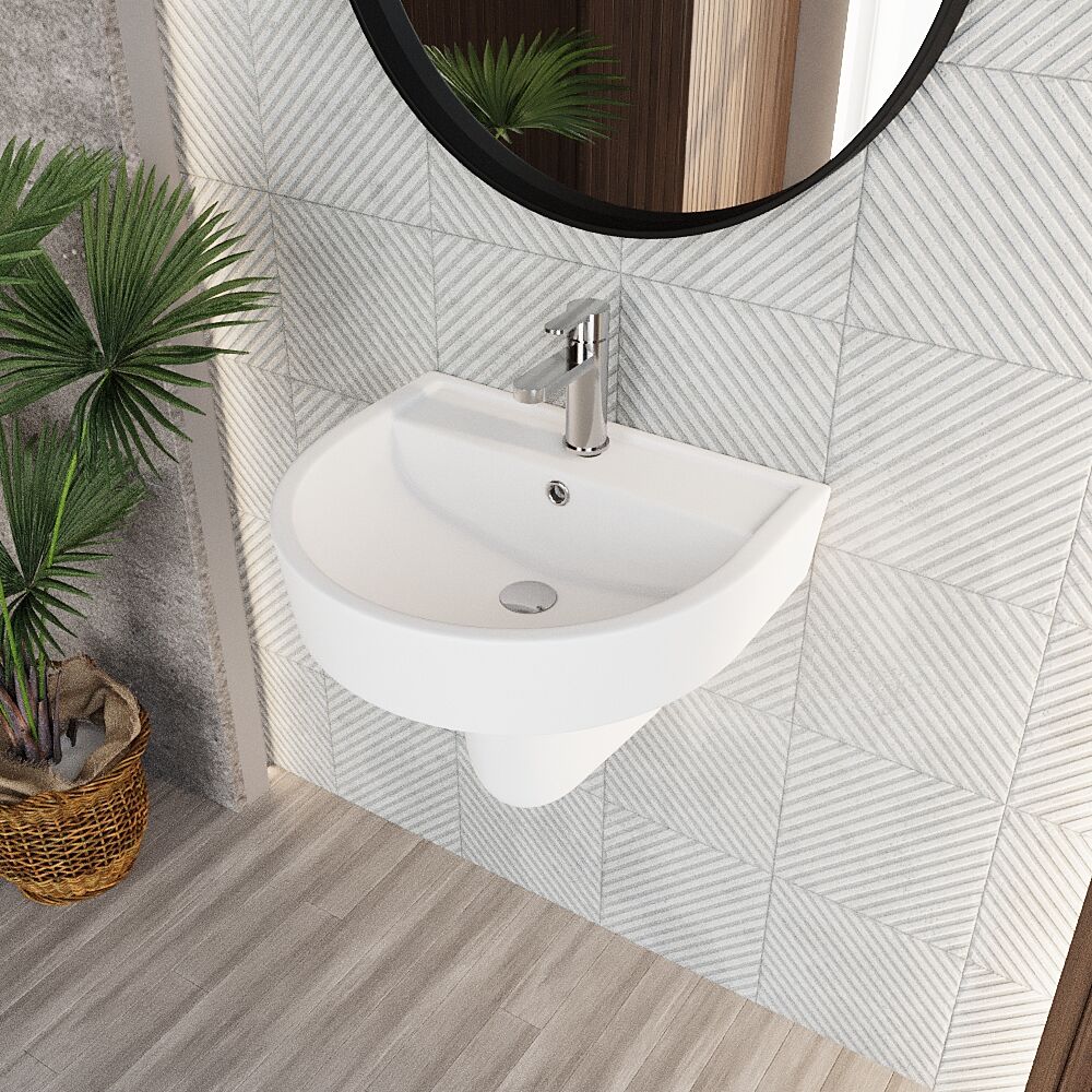 Hopwas Round D Shape Ceramic Basin and Semi Pedestal - 420 or 520mm Basin