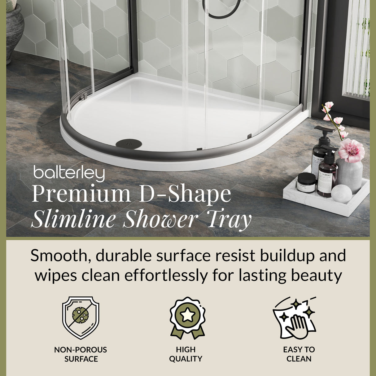 D Shape Shower Tray - 1050mm - Available in White and Slate Grey