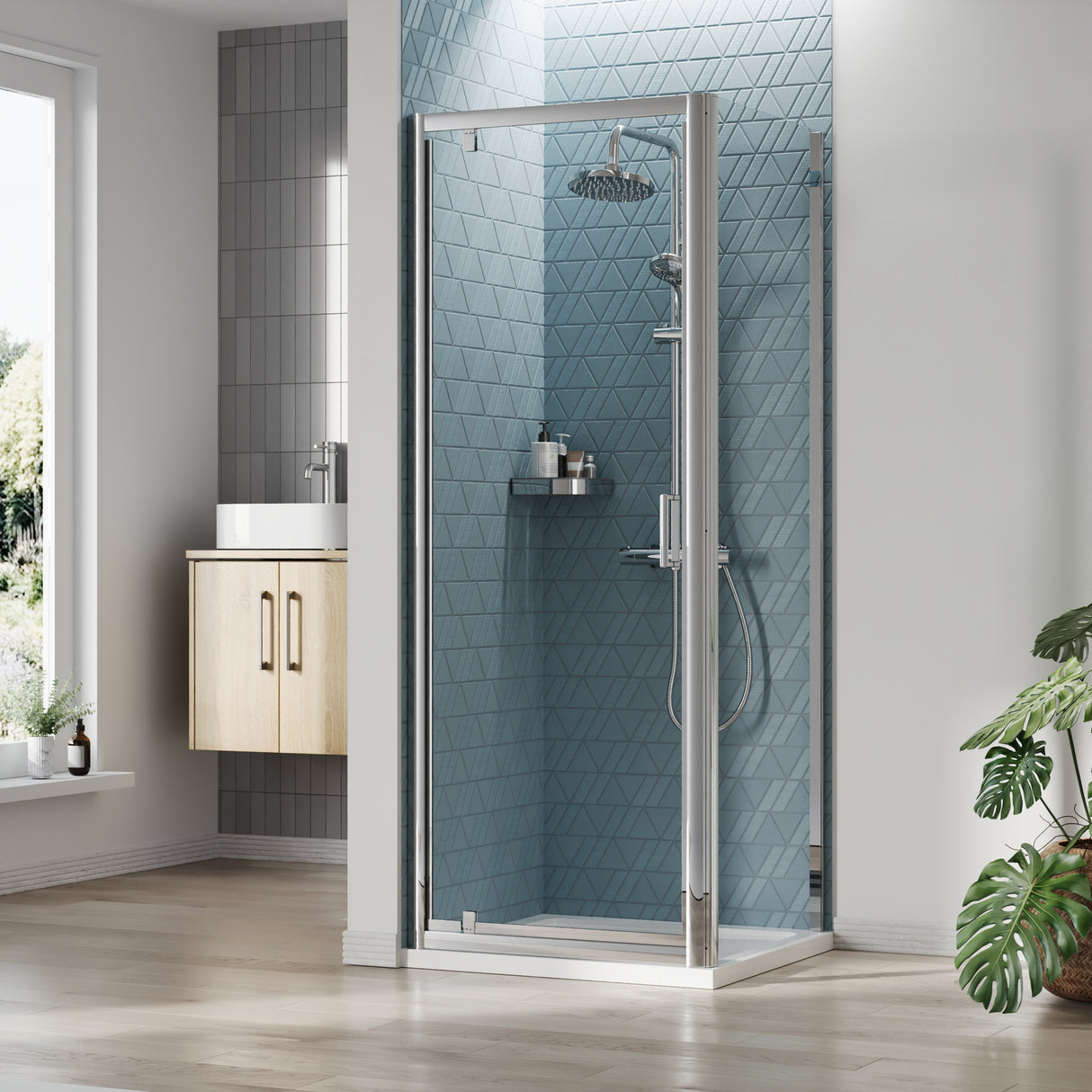 Pivot Shower Door, Side Panel and Shower Tray - Choice of Size and Finish