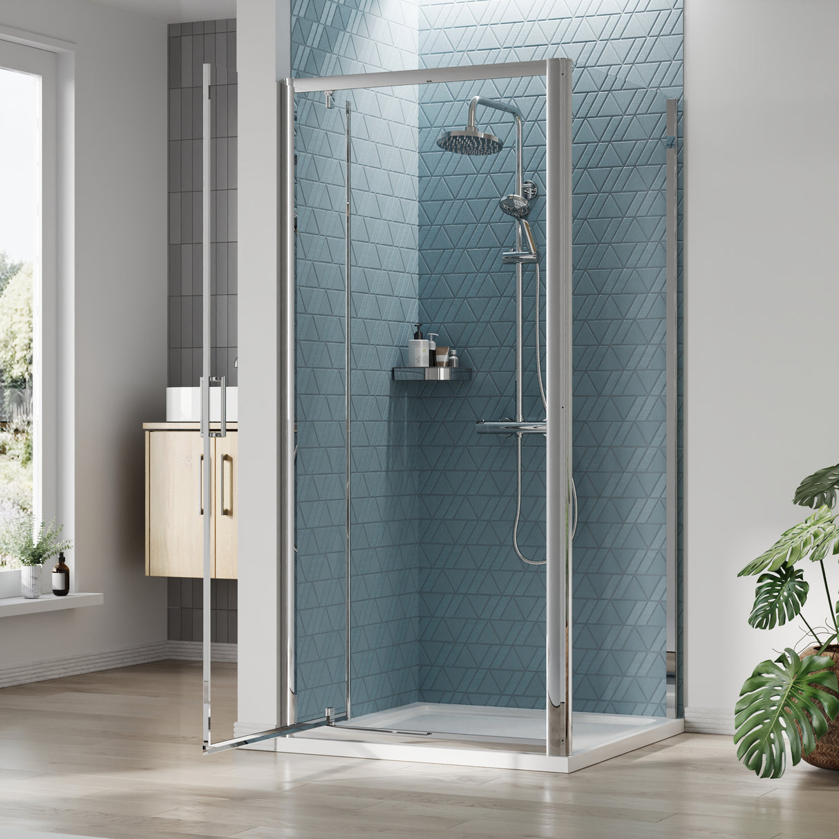 Pivot Shower Door, Side Panel and Shower Tray - Choice of Size and Finish