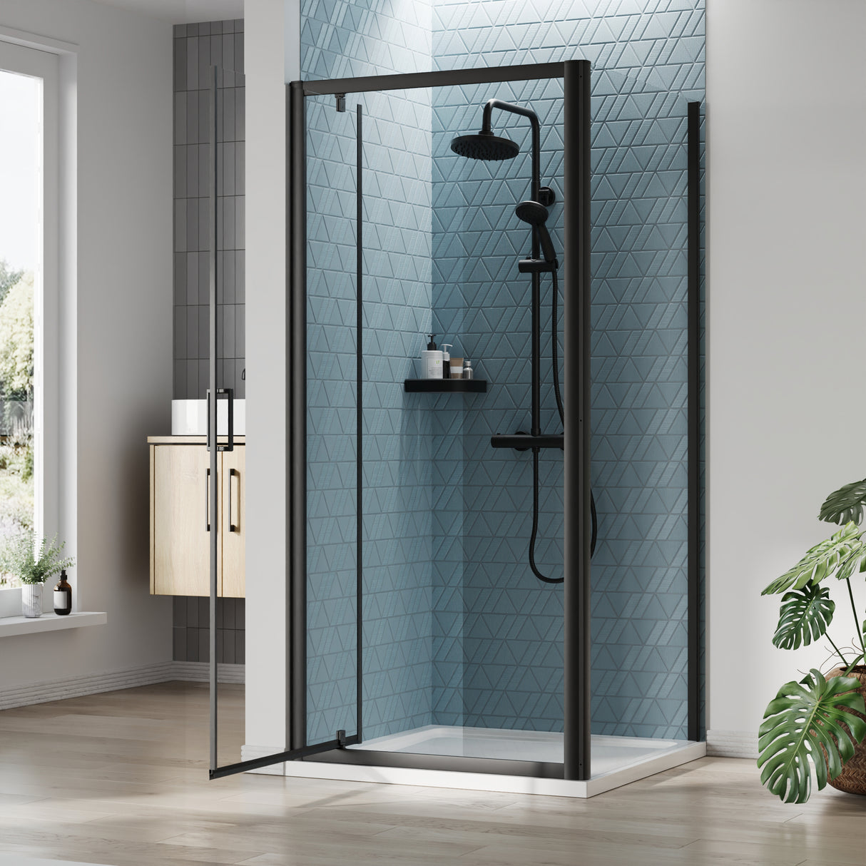Pivot Shower Door, Side Panel and Shower Tray - Choice of Size and Finish