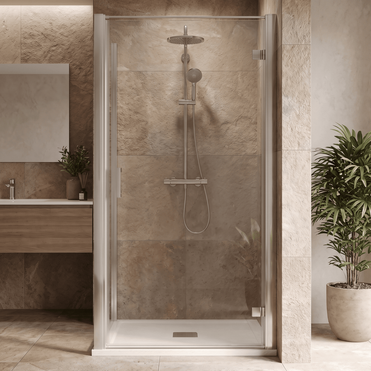 8mm Toughened Safety Glass Hinged Shower Door, Side Panel and Slimline Shower Tray - Choice of Size and Finish