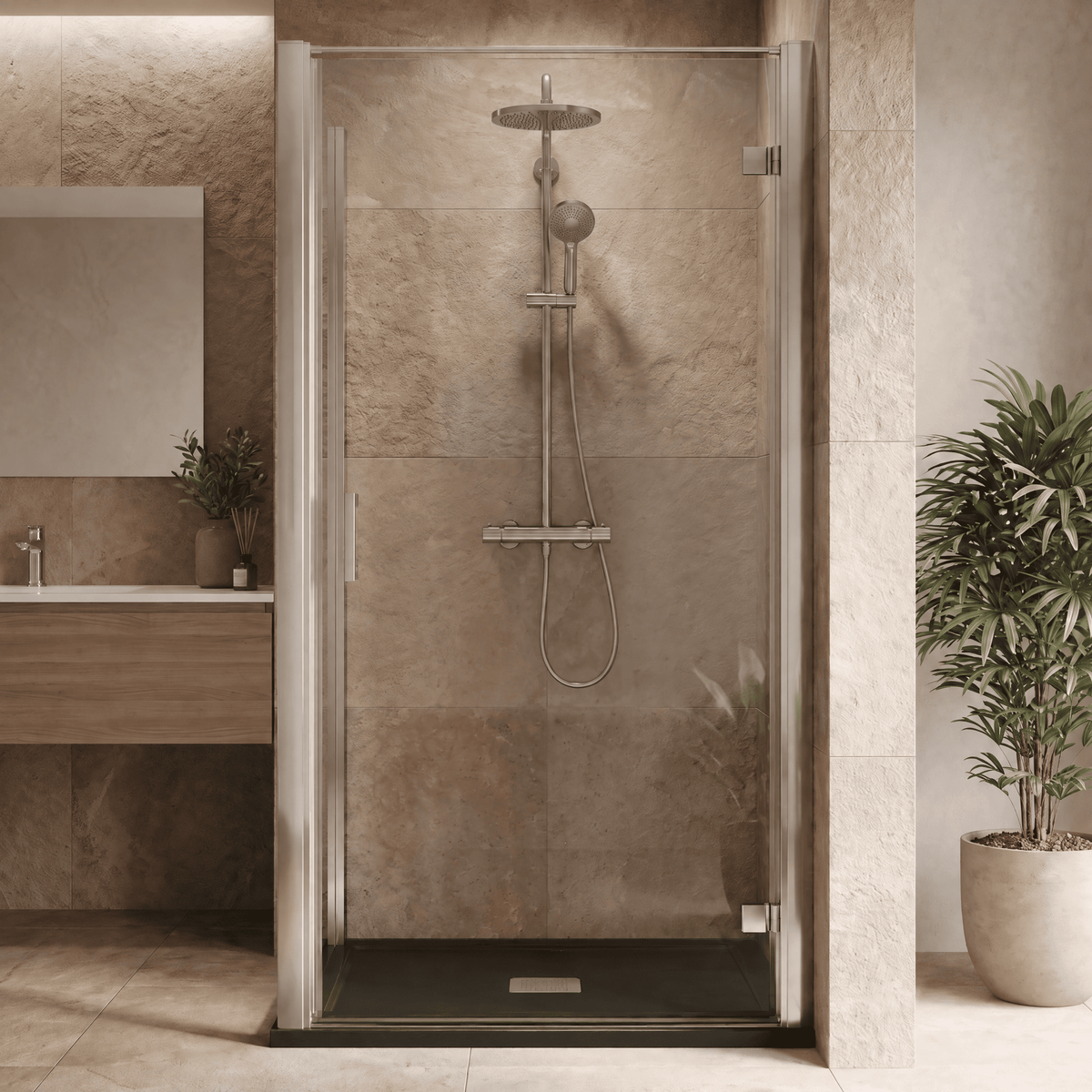 8mm Toughened Safety Glass Hinged Shower Door, Side Panel and Slimline Shower Tray - Choice of Size and Finish