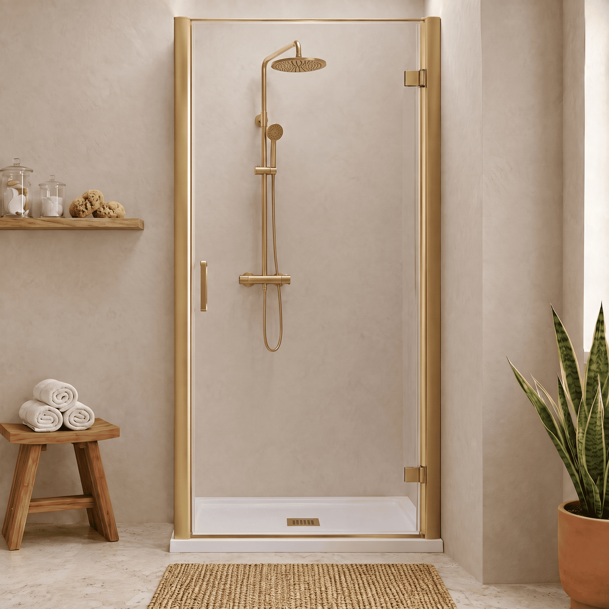 8mm Toughened Safety Glass Hinged Shower Door, Side Panel and Slimline Shower Tray - Choice of Size and Finish