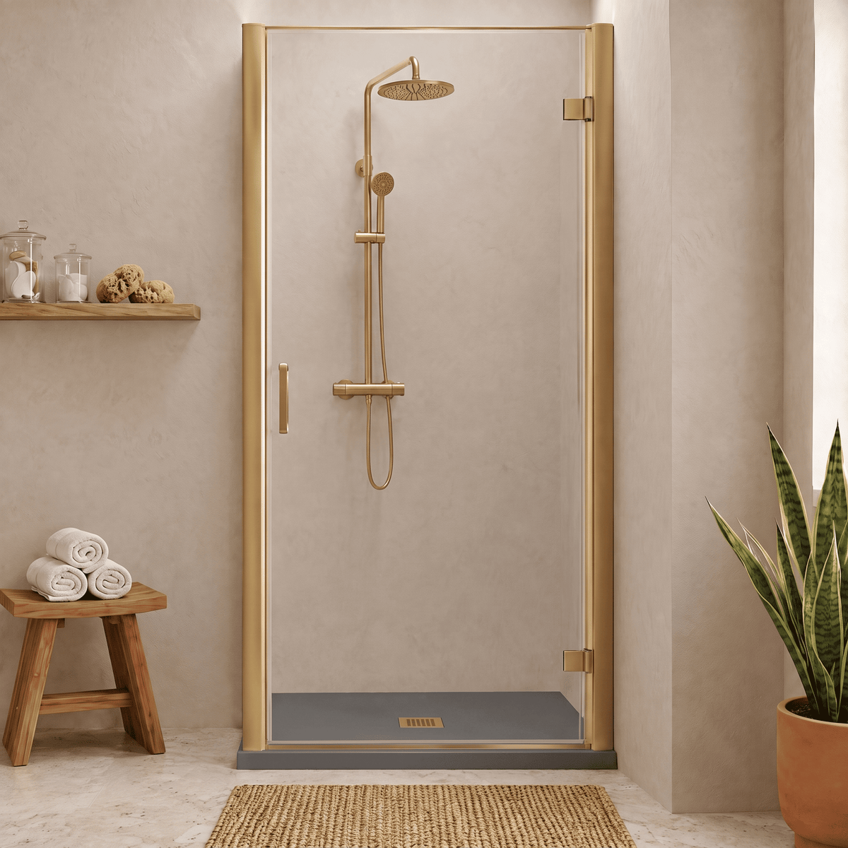 8mm Toughened Safety Glass Hinged Shower Door, Side Panel and Slimline Shower Tray - Choice of Size and Finish