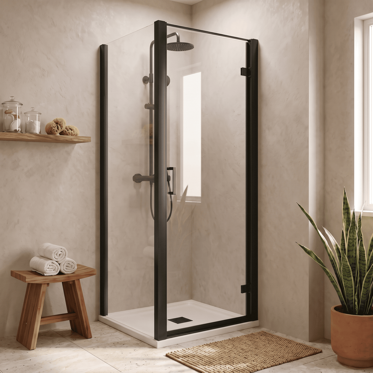 8mm Toughened Safety Glass Hinged Shower Door, Side Panel and Slimline Shower Tray - Choice of Size and Finish