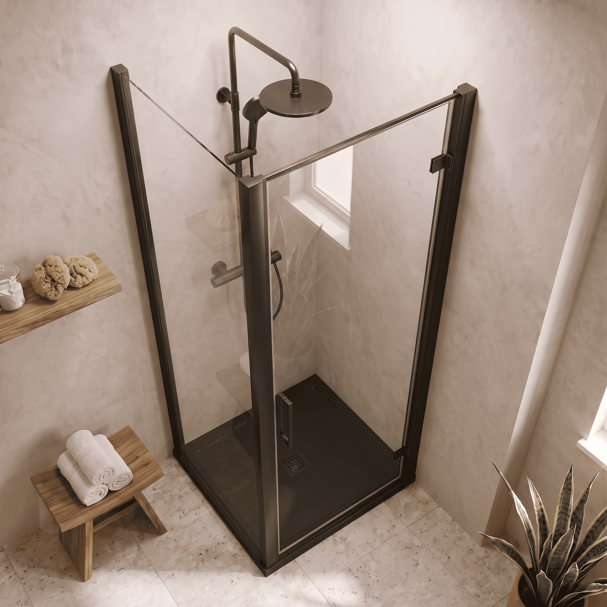 8mm Toughened Safety Glass Hinged Shower Door, Side Panel and Slimline Shower Tray - Choice of Size and Finish