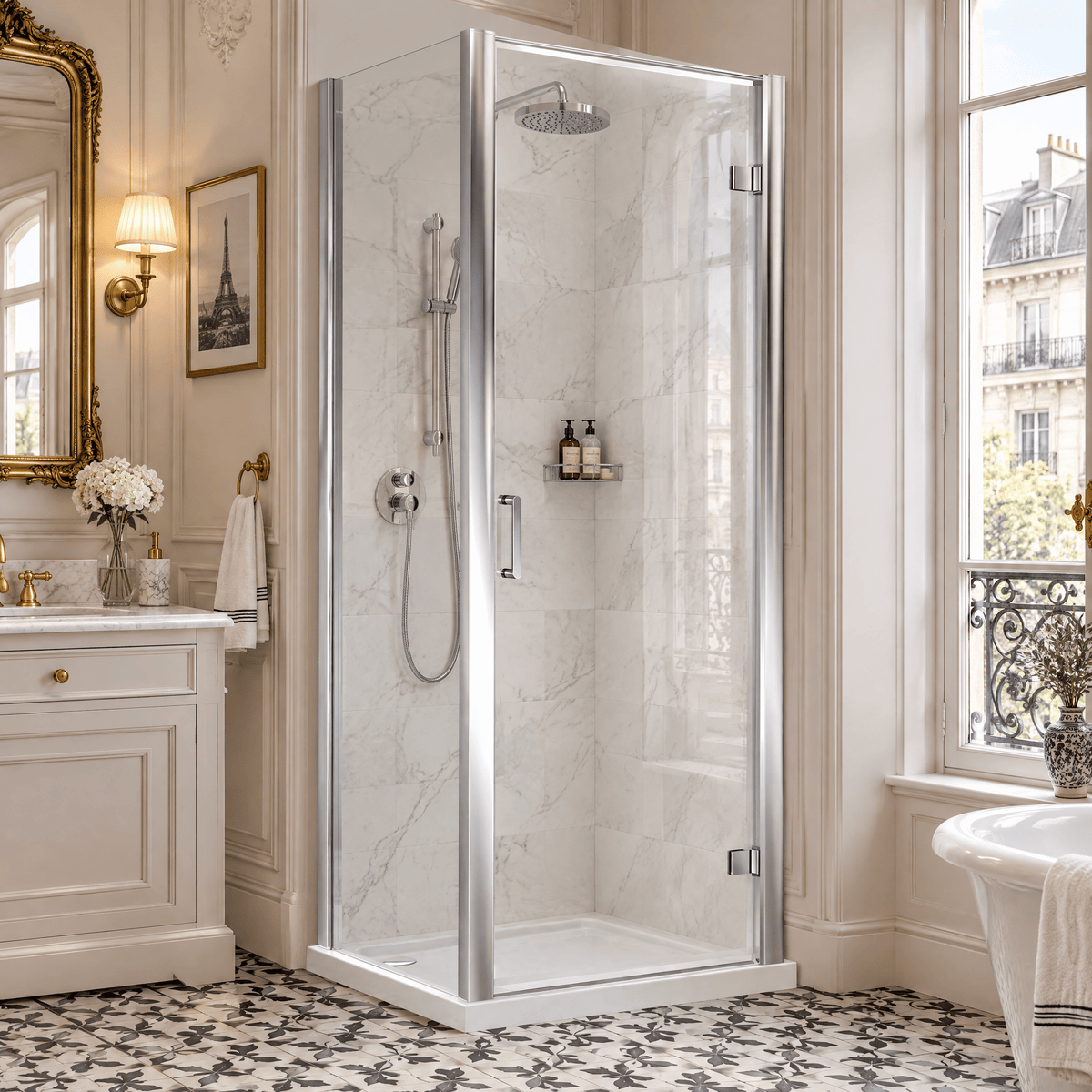 8mm Toughened Safety Glass Hinged Shower Door, Side Panel and Shower Slip Resistant Tray - Choice of Size and Finish