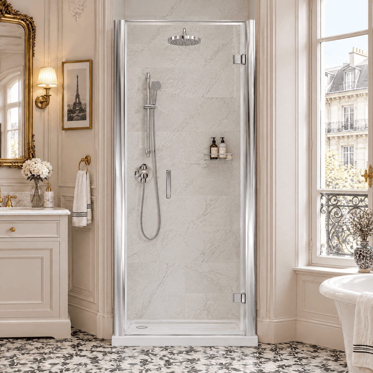 8mm Toughened Safety Glass Hinged Shower Door, Side Panel and Shower Slip Resistant Tray - Choice of Size and Finish