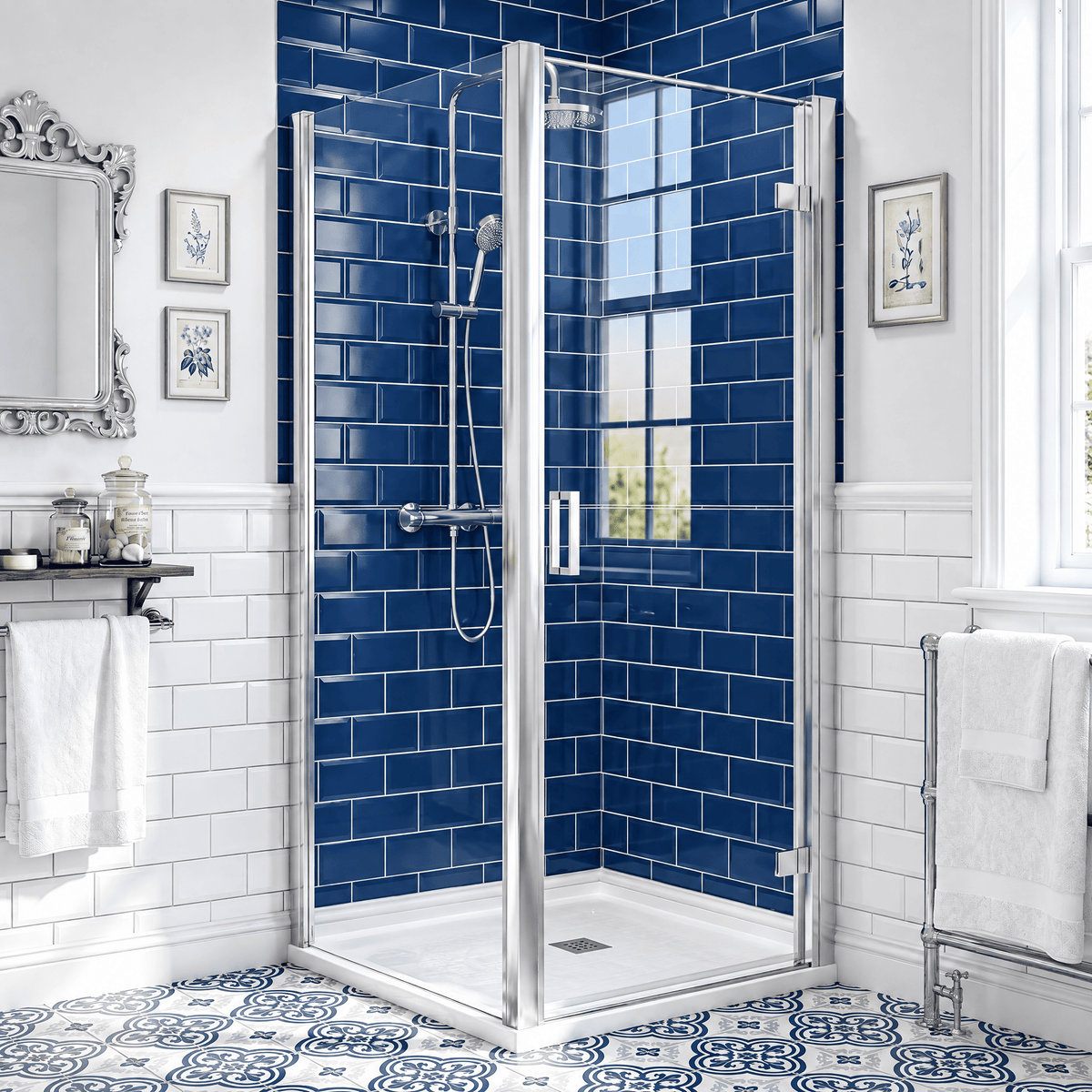 8mm Toughened Safety Glass Hinged Shower Door, Side Panel and Slimline Shower Tray - Choice of Size and Finish