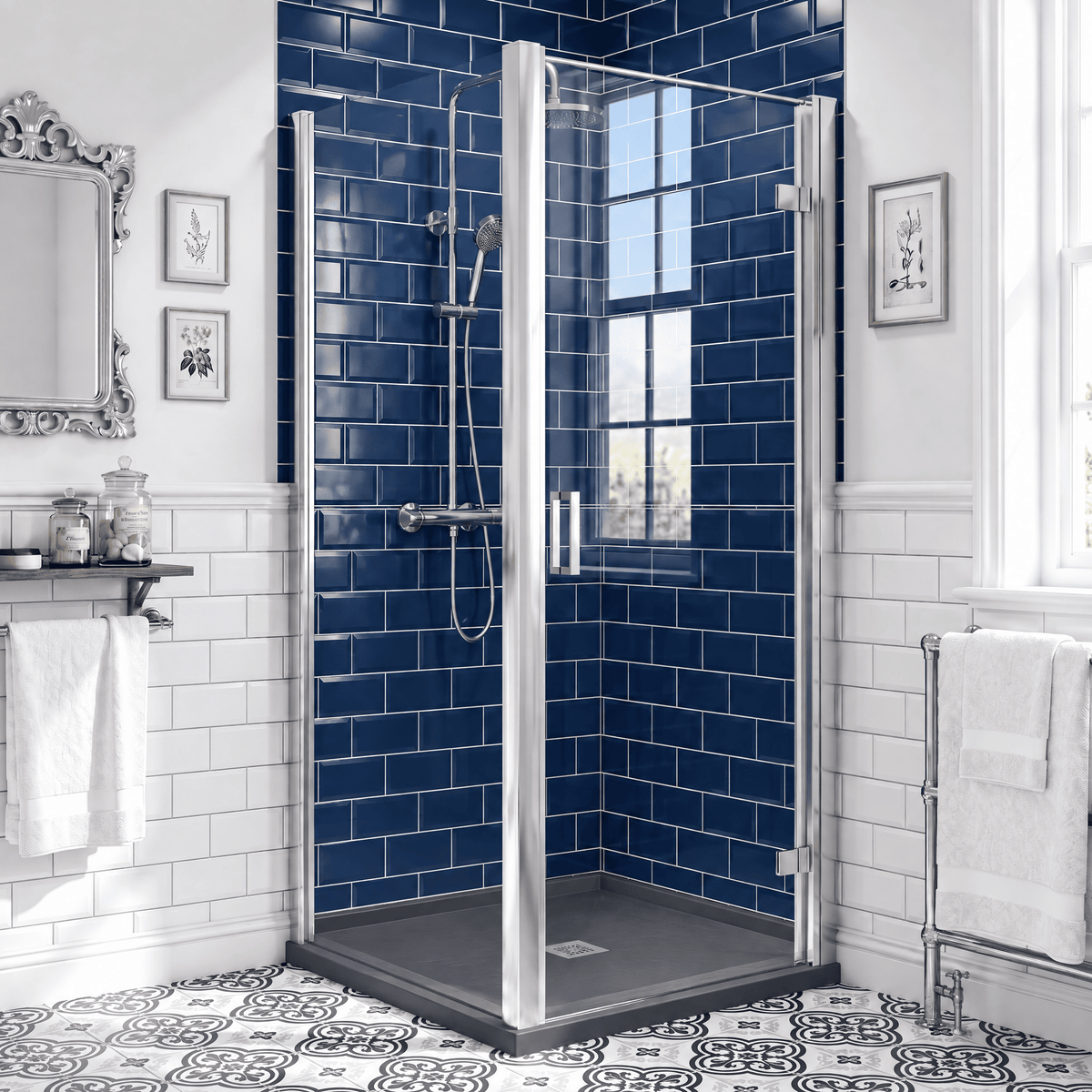8mm Toughened Safety Glass Hinged Shower Door, Side Panel and Slimline Shower Tray - Choice of Size and Finish