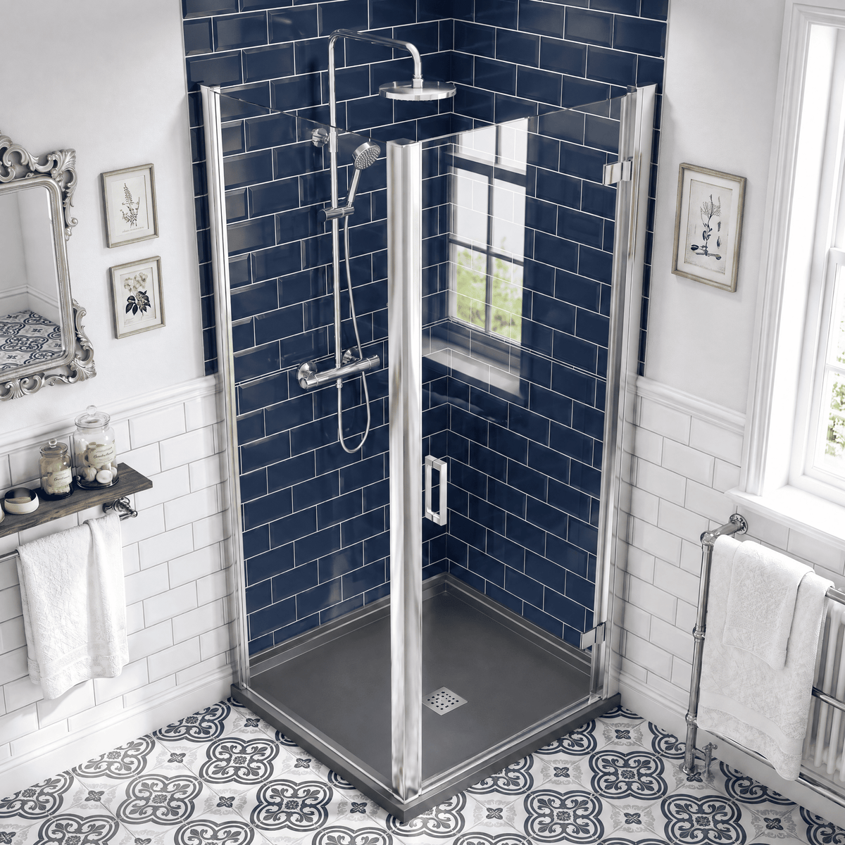 8mm Toughened Safety Glass Hinged Shower Door, Side Panel and Slimline Shower Tray - Choice of Size and Finish