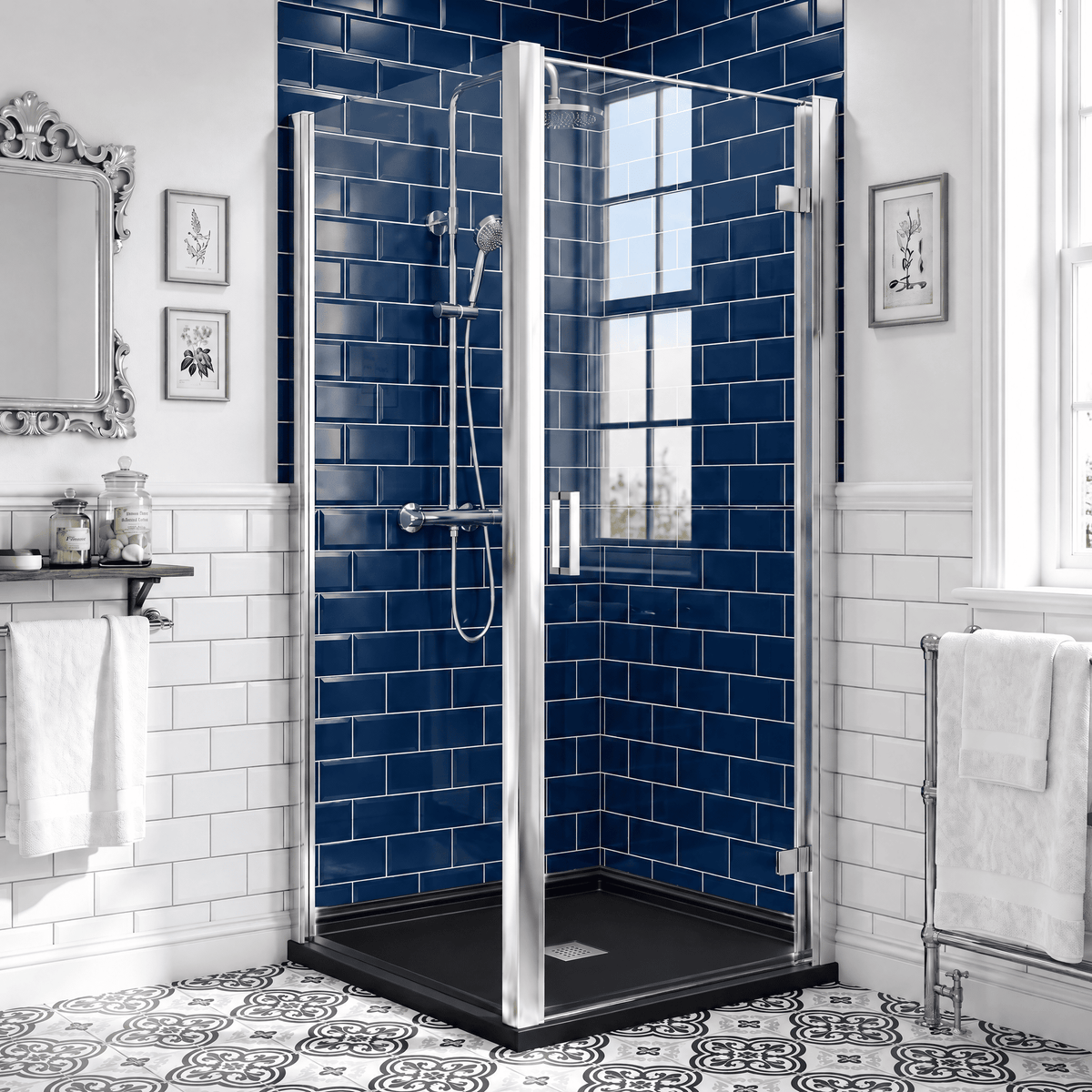 8mm Toughened Safety Glass Hinged Shower Door, Side Panel and Slimline Shower Tray - Choice of Size and Finish