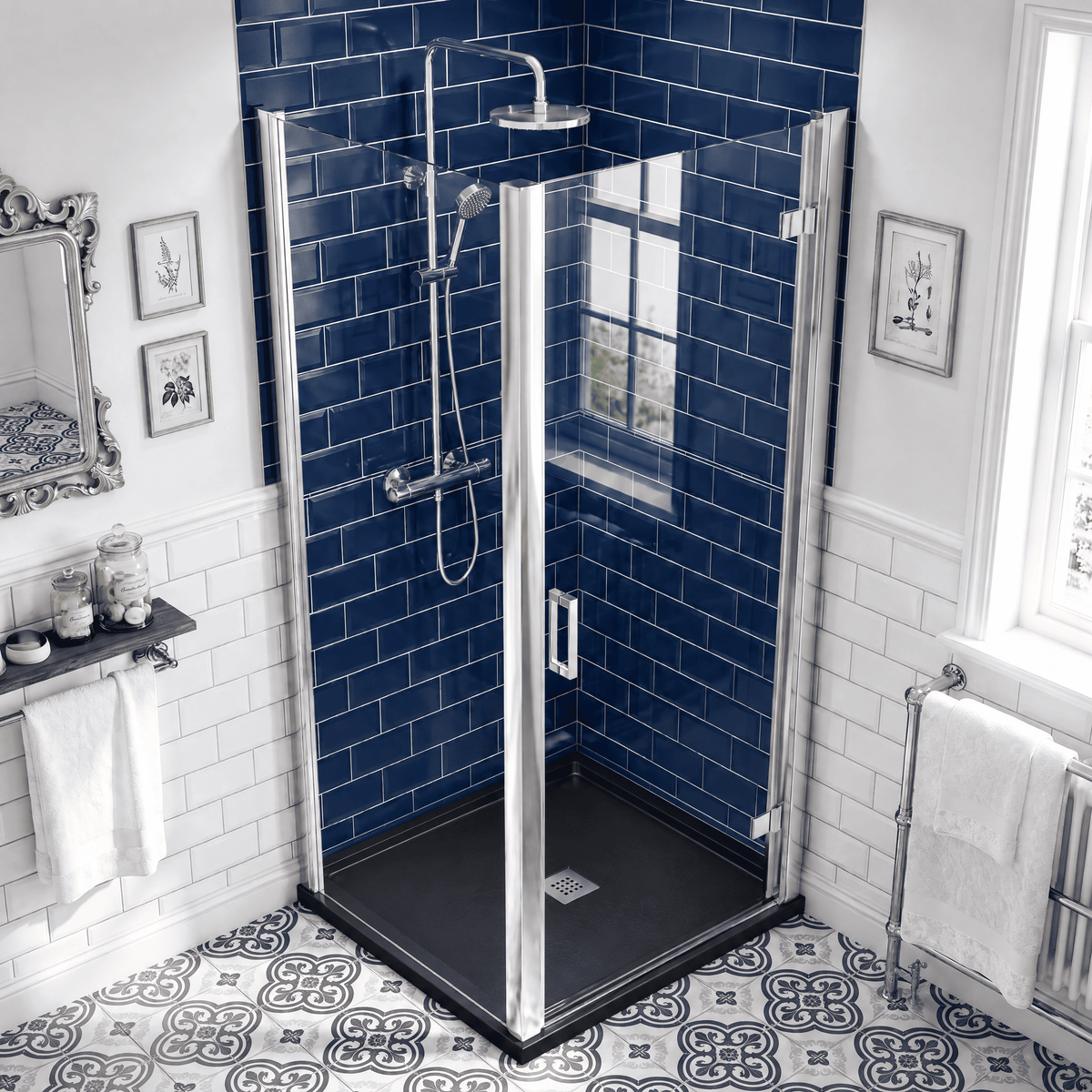 8mm Toughened Safety Glass Hinged Shower Door, Side Panel and Slimline Shower Tray - Choice of Size and Finish