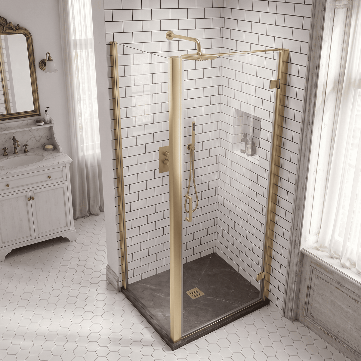 8mm Toughened Safety Glass Hinged Shower Door, Side Panel and Slimline Shower Tray - Choice of Size and Finish