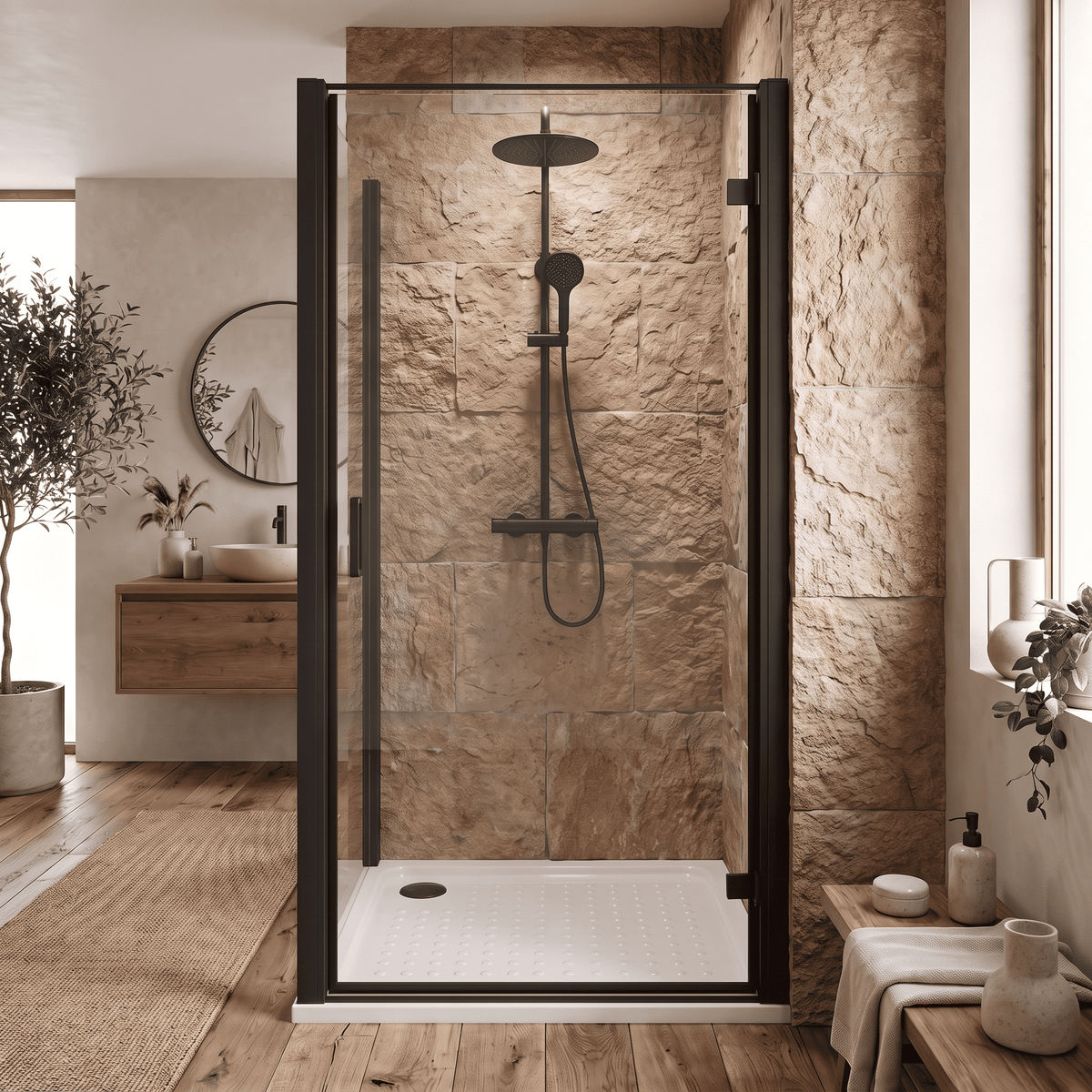 8mm Toughened Safety Glass Hinged Shower Door, Side Panel and Shower Slip Resistant Tray - Choice of Size and Finish
