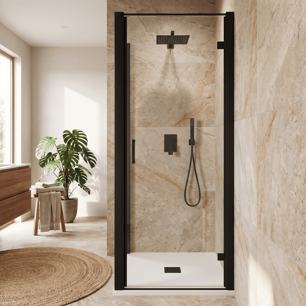 8mm Toughened Safety Glass Hinged Shower Door, Side Panel and Slimline Shower Tray - Choice of Size and Finish
