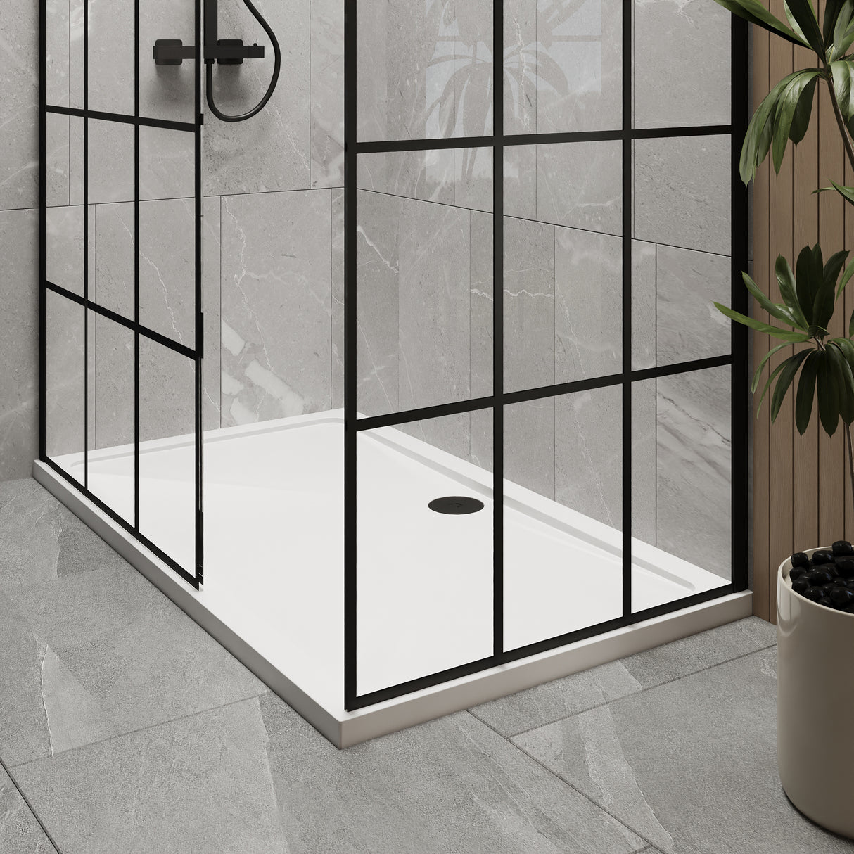 8mm Glass Walk In Wetroom Screens with Matt Black Framed Design and Shower Tray - Choice of Size