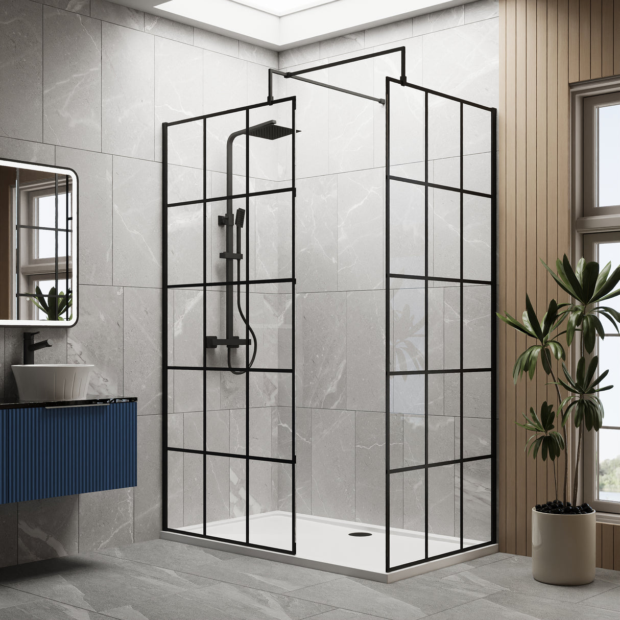 8mm Glass Walk In Wetroom Screens with Matt Black Framed Design and Shower Tray - Choice of Size