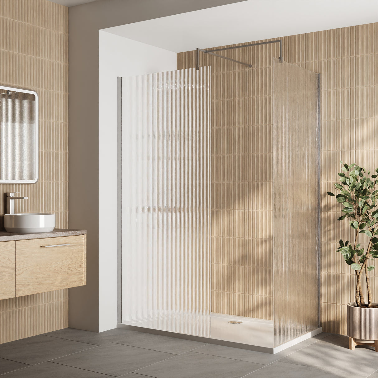 Fluted Glass Walk In Wetroom Screens and Shower Tray - Choice of Finish