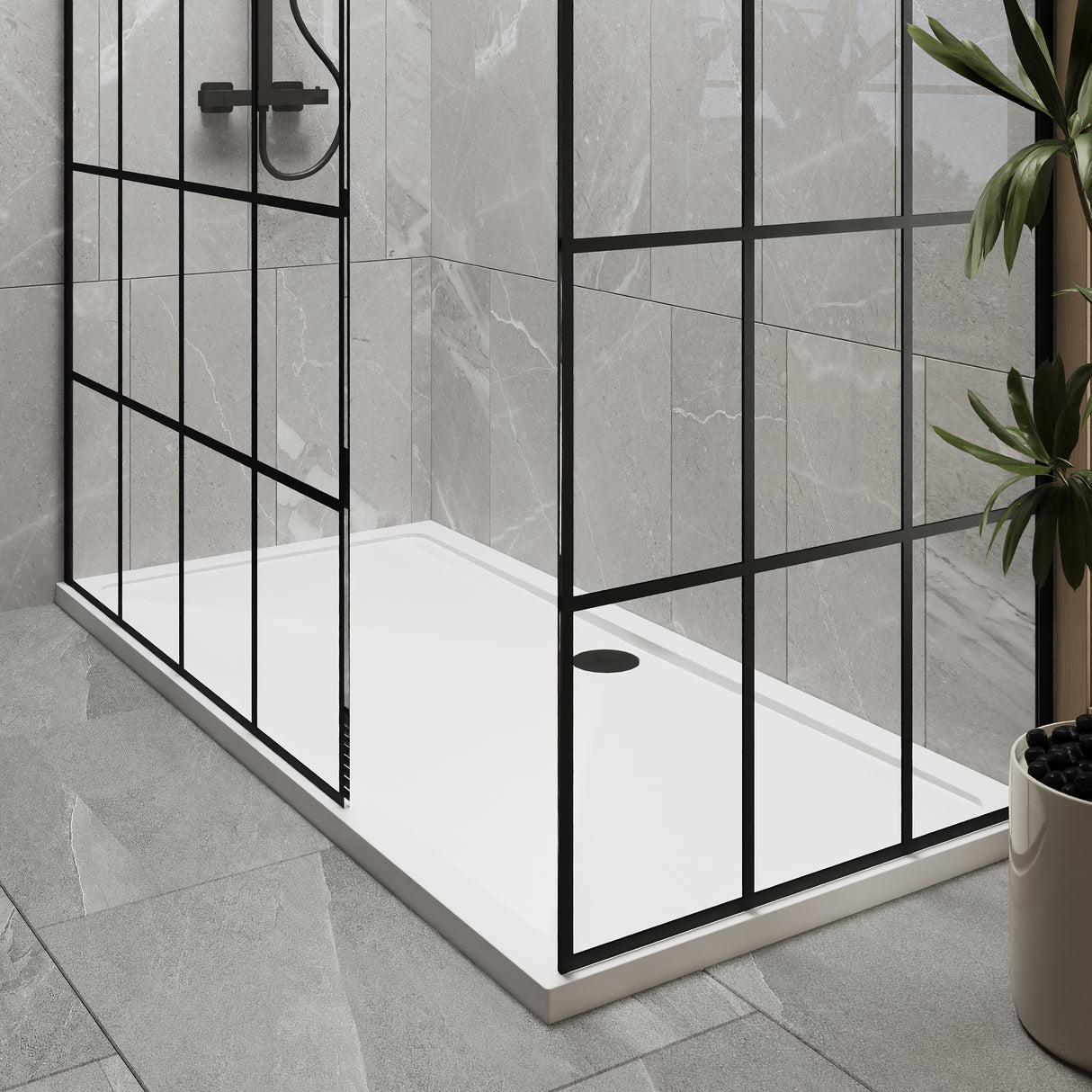 8mm Glass Walk In Wetroom Screens with Matt Black Framed Design and Shower Tray - Choice of Size