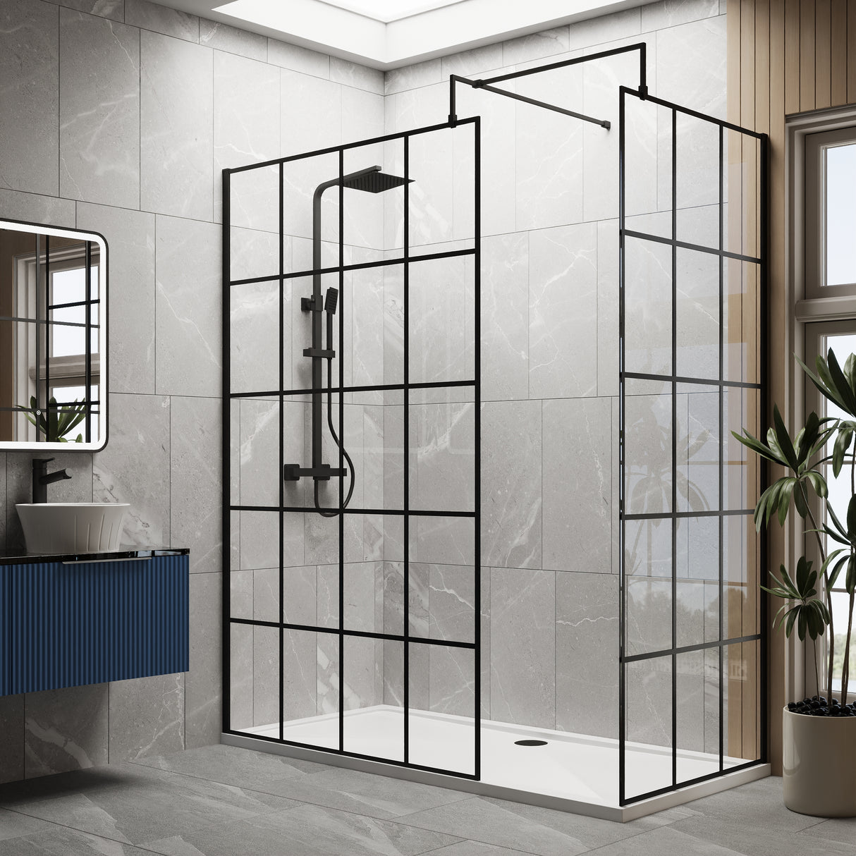 8mm Glass Walk In Wetroom Screens with Matt Black Framed Design and Shower Tray - Choice of Size