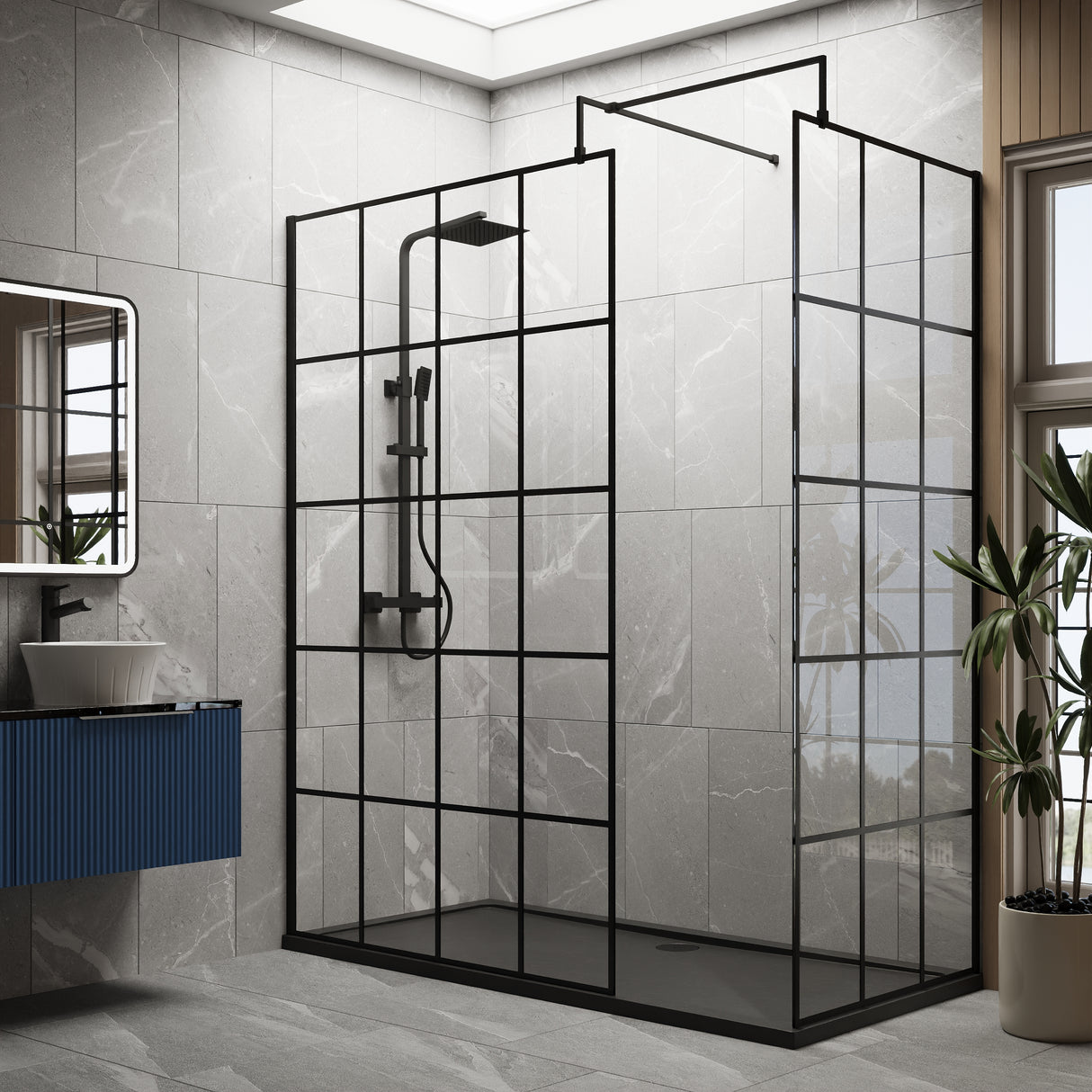 8mm Glass Walk In Wetroom Screens with Matt Black Framed Design and Shower Tray - Choice of Size