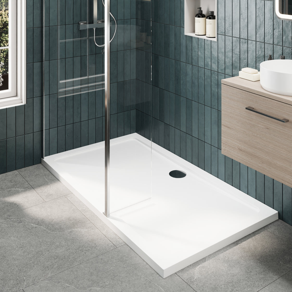 8mm Glass Walk In Wetroom Screen and Hinged Return Screen and Shower Tray - Choice of Size and Finish