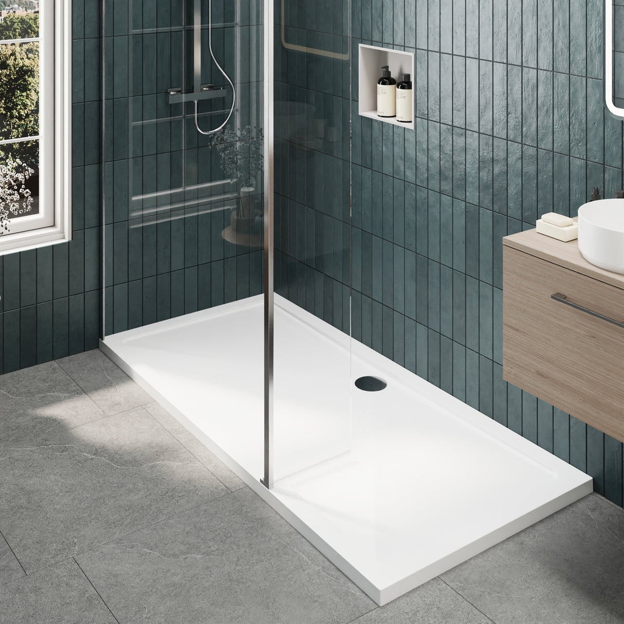 8mm Glass Walk In Wetroom Screen and Hinged Return Screen and Shower Tray - Choice of Size and Finish