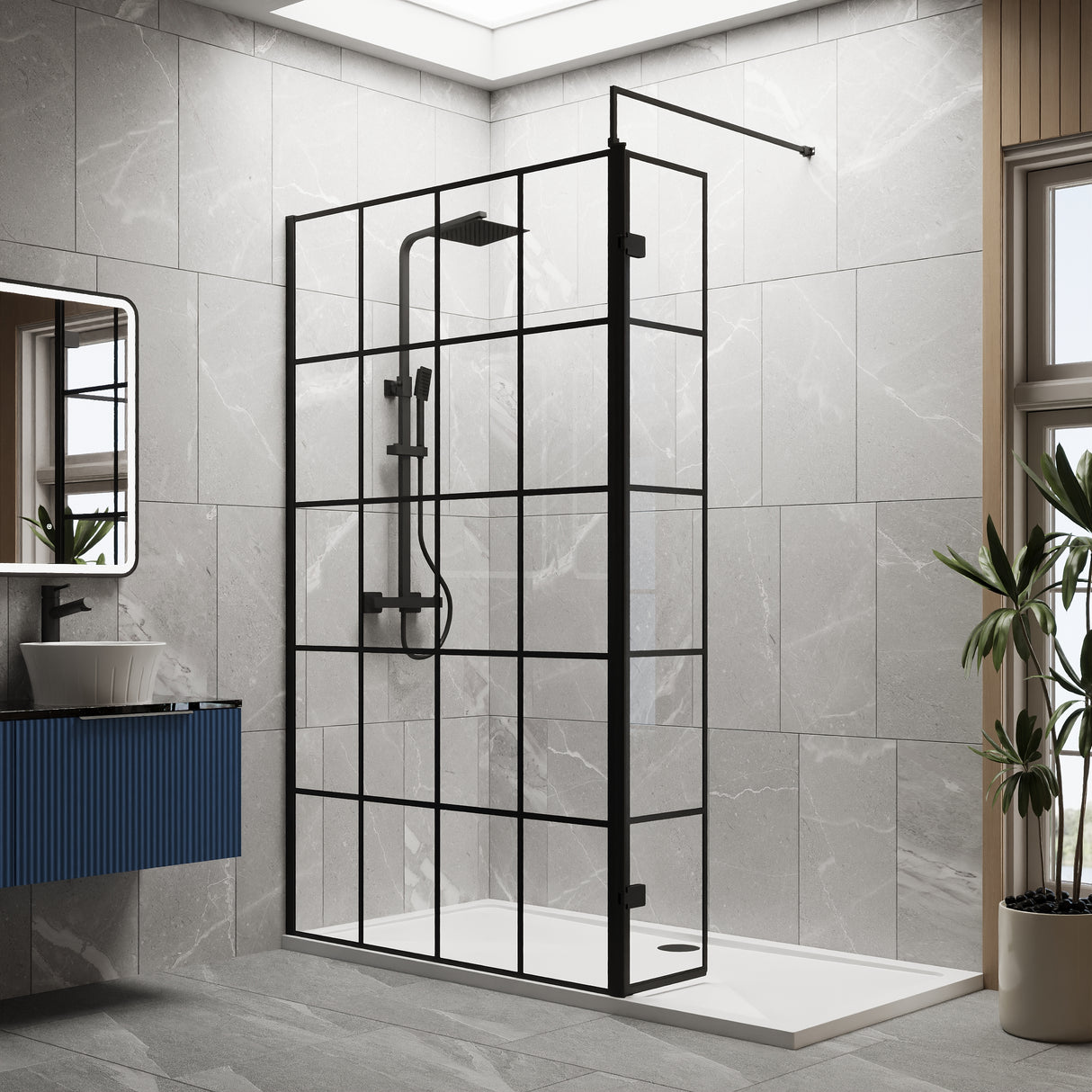 8mm Glass Walk In Wetroom Screen and Hinged Return Screen with Black Framed Design - Choice of Size