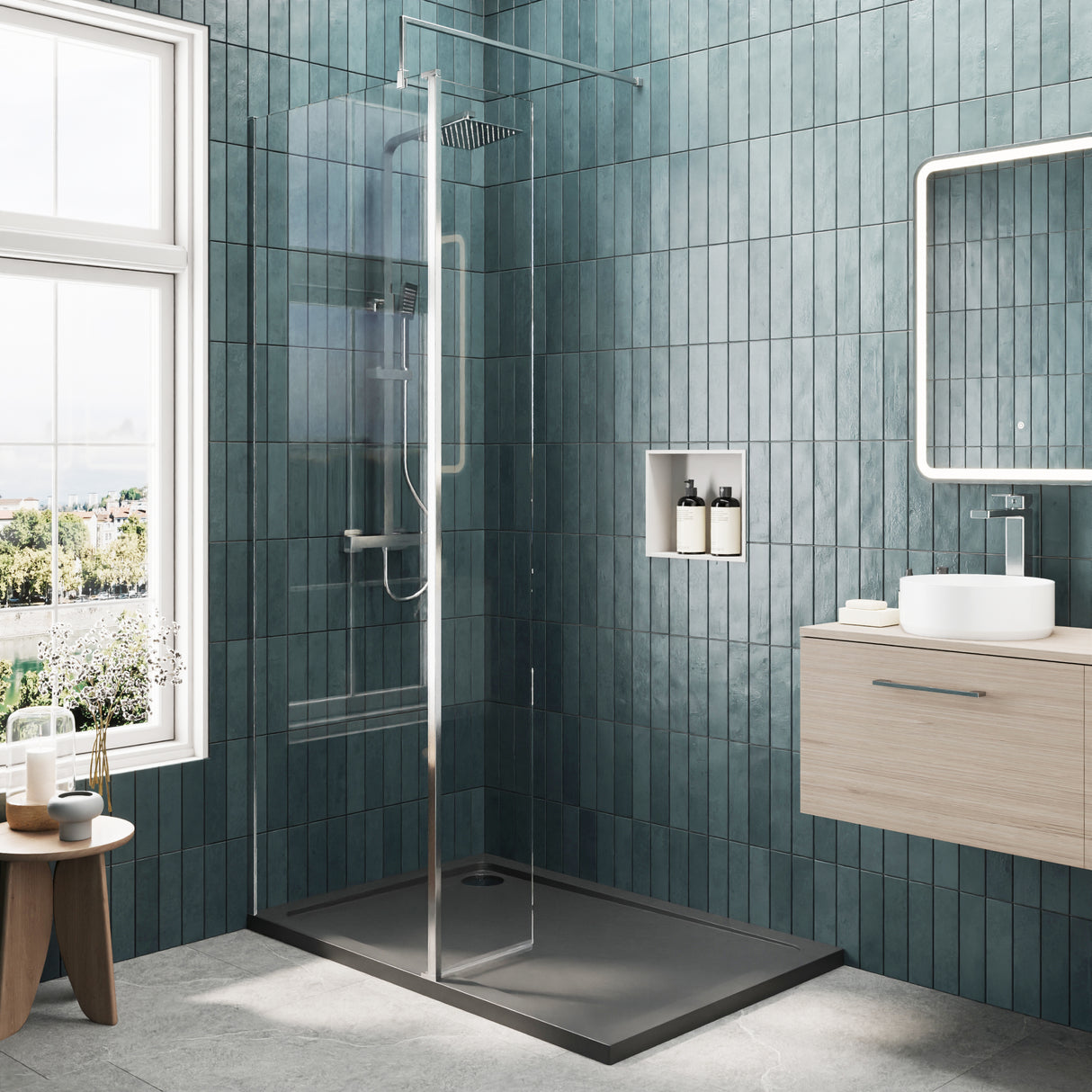 8mm Glass Walk In Wetroom Screen and Hinged Return Screen and Shower Tray - Choice of Size and Finish