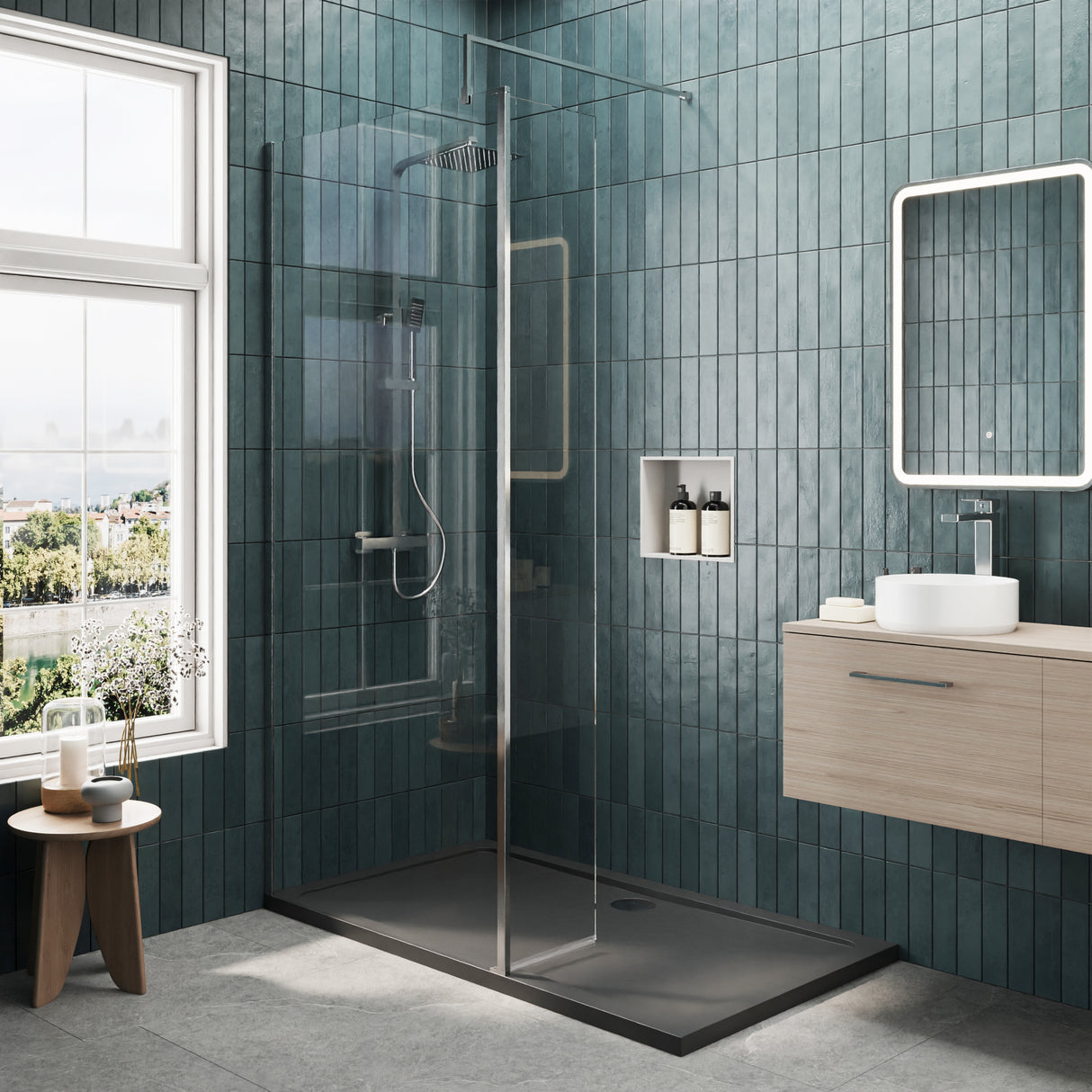 8mm Glass Walk In Wetroom Screen and Hinged Return Screen and Shower Tray - Choice of Size and Finish