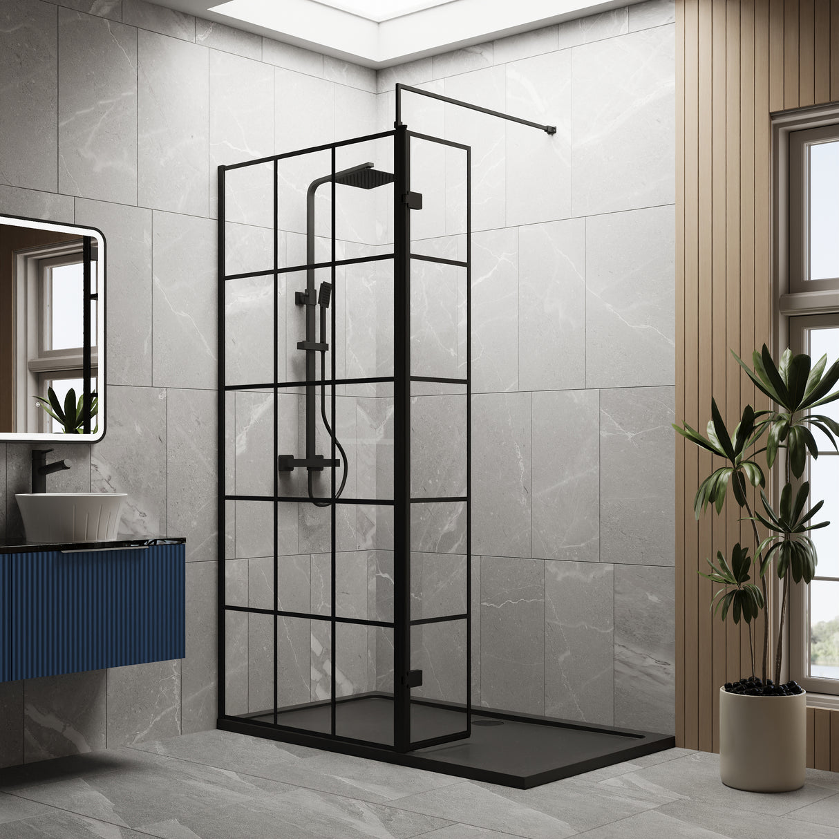 8mm Glass Walk In Wetroom Screen and Hinged Return Screen with Black Framed Design - Choice of Size