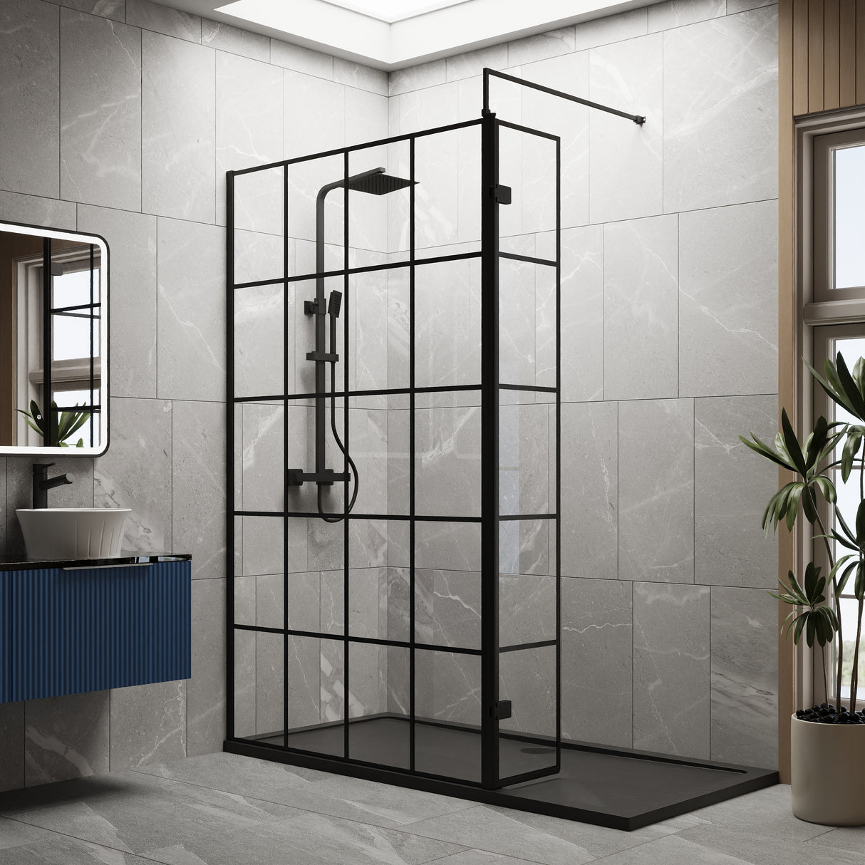 8mm Glass Walk In Wetroom Screen and Hinged Return Screen with Black Framed Design - Choice of Size