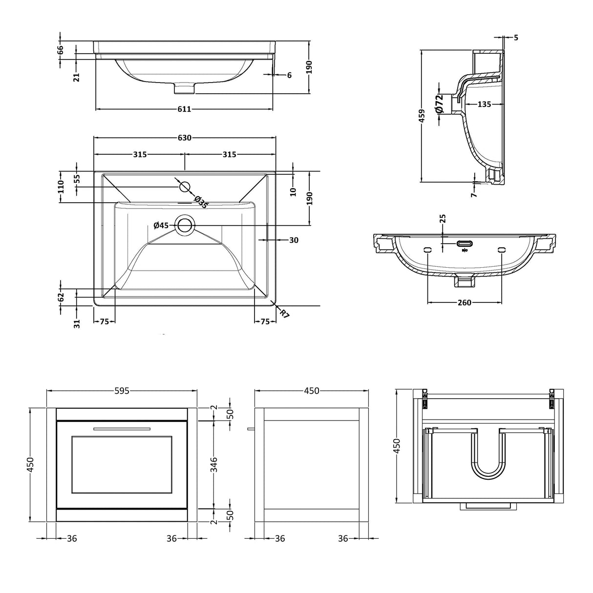 Blithbury Traditional Wall Hung Vanity Basin Unit with Fireclay Basin - Choice of Size, Colour and Basin Type