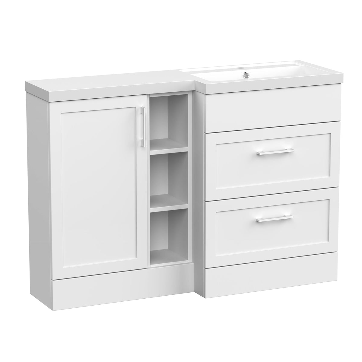 BFFHR110R Pirehill Traditional Floor Standing 2 Drawer 1 Door Combination Vanity Basin Unit with Open Shelves and Polymarble Basin, 1200mm, Choice of Colour and Hand - Cutout