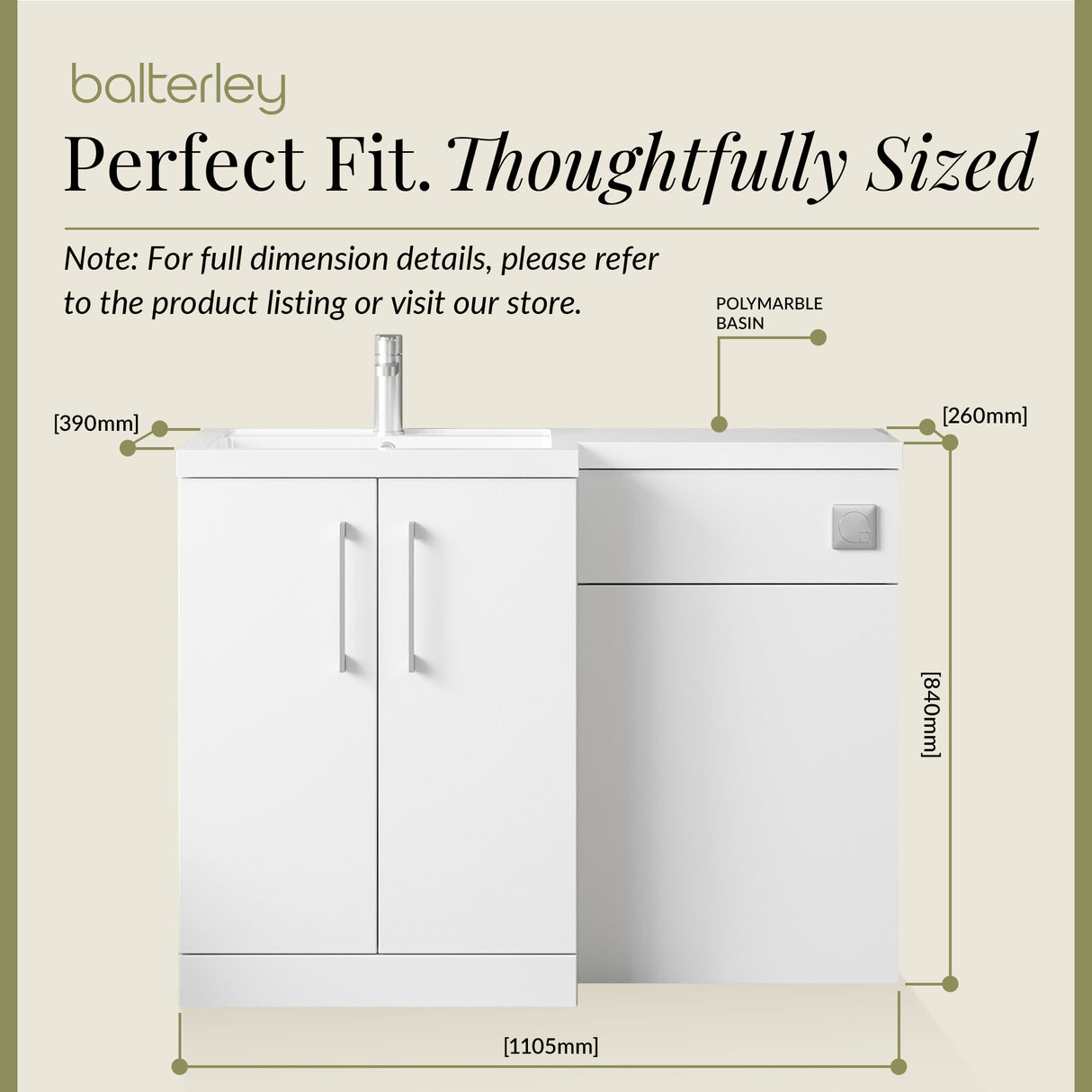 Bathroom Vanity Unit with Basin & WC Unit, Left Hand, 1100mm x 390mm - Choice of Colour
