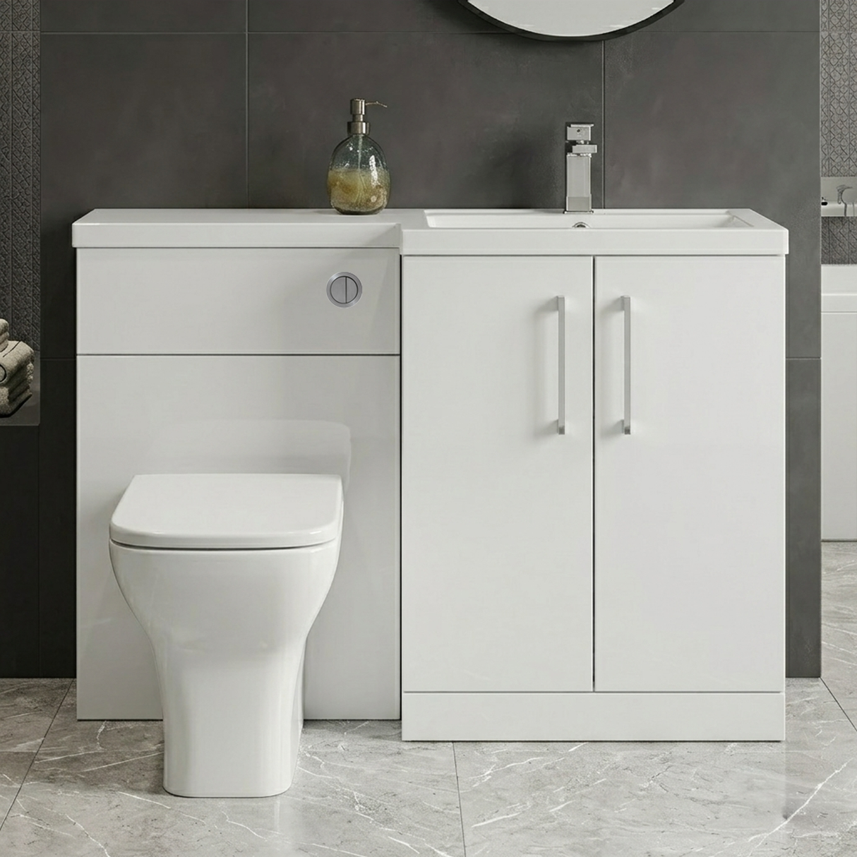 Bramshall Combination Vanity Unit with Basin & WC, Right Hand, 1100mm x 390mm - Choice of Colour and Handle Finish