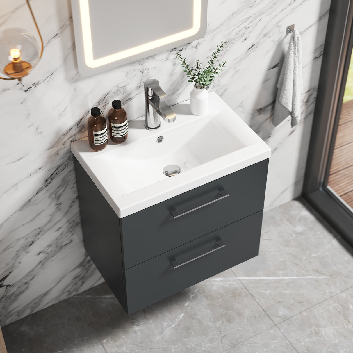 Wall Hung 2 Drawer Vanity Unit with Mid-Edge Ceramic Basin - Choice of Colour, Handle Finish and Size